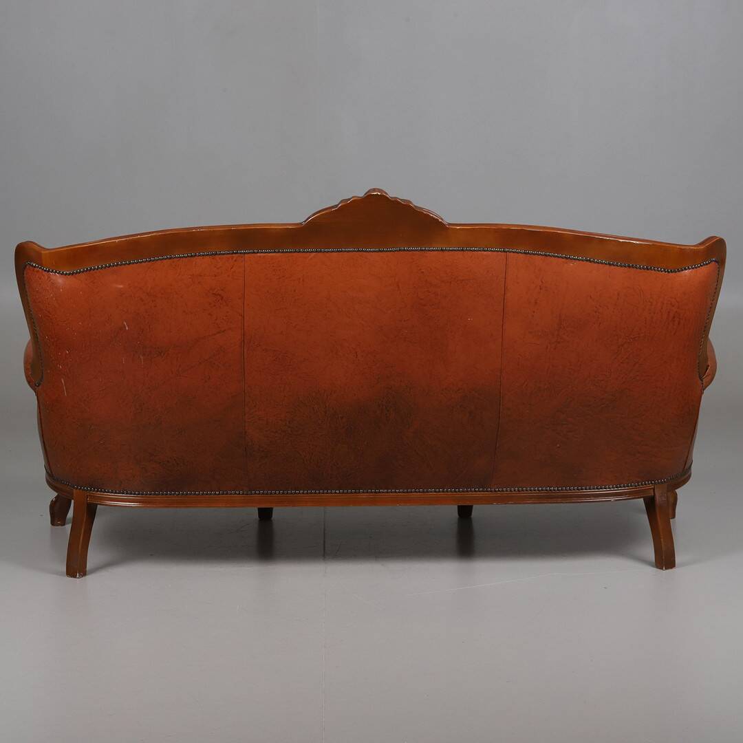 ococo-Style 3-Seater Sofa — Leather & Wood — Classic Curved Salon Silhouett
