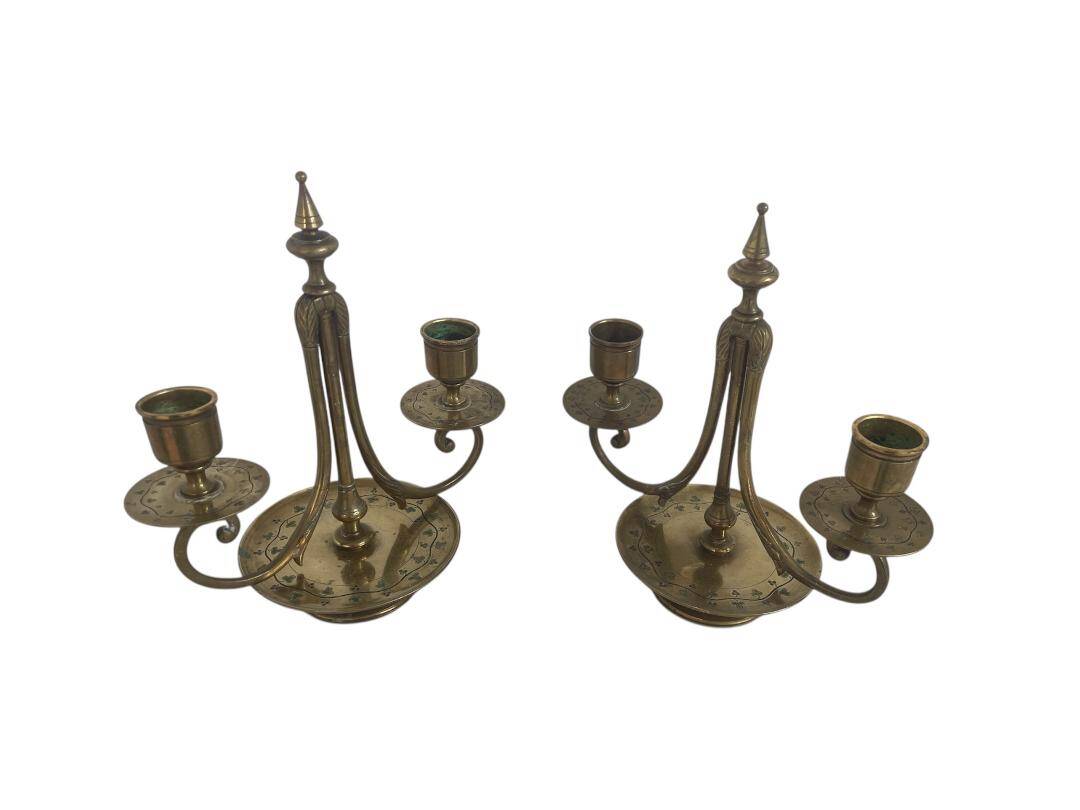 Pair of candlesticks, gilded and enamelled brass, Art Nouveau, early 20th century