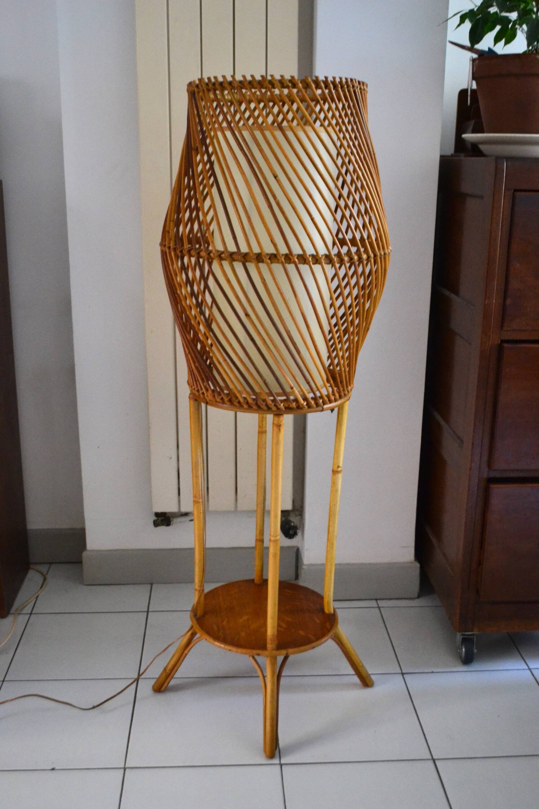 Bamboo rattan floor lamp from the 1960s in the Audoux Minet style.