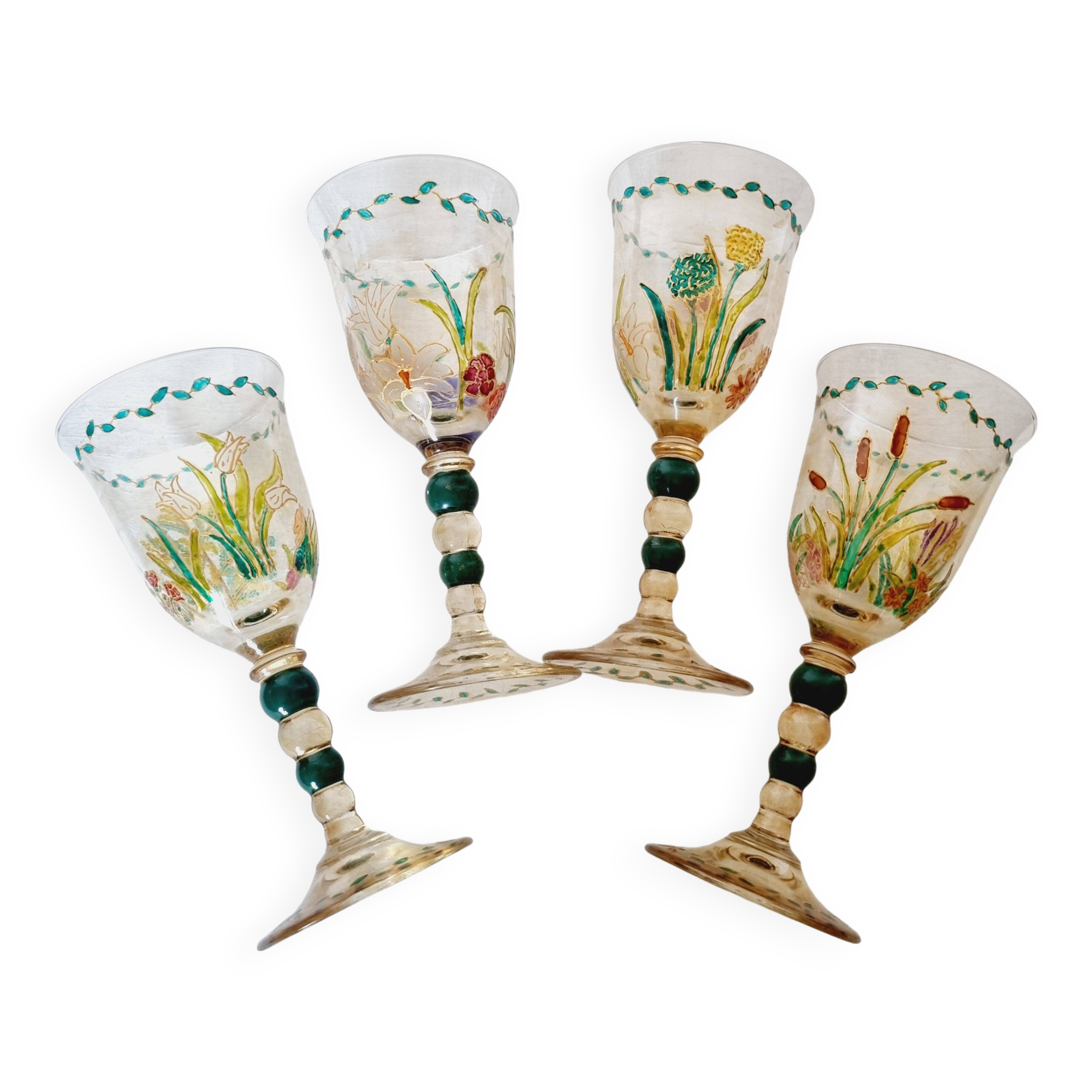 Set of 4 antique hand painted glass water or wine glasses with details inspired by the style