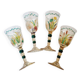 Set of 4 antique hand painted glass water or wine glasses with details inspired by the style