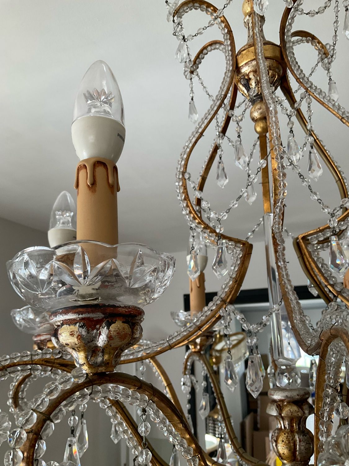 Old Venetian chandelier with Bohemian crystal tassels and gilded wood