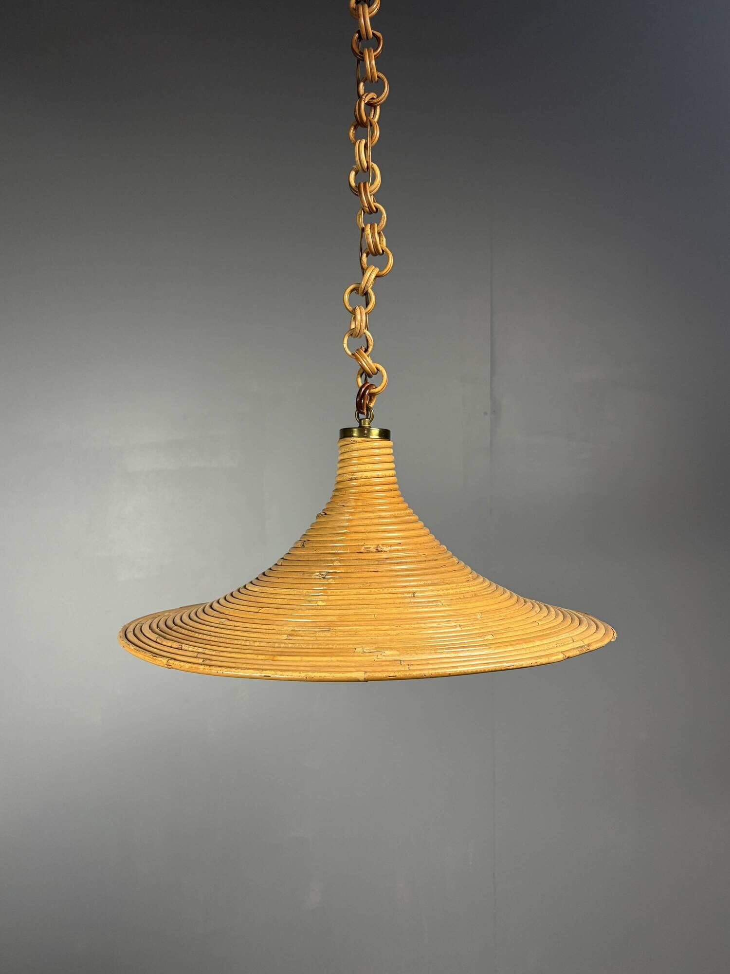 Mid-Century Italian witch hat pencil reed rattan bamboo and brass pendant