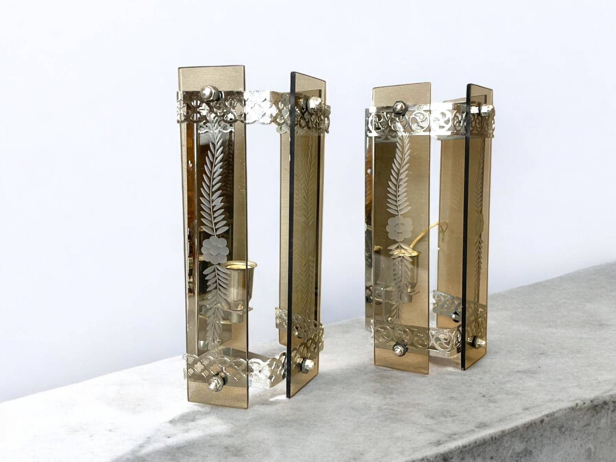 Set of 2 art deco revival smoked glass chromed  wall lamps