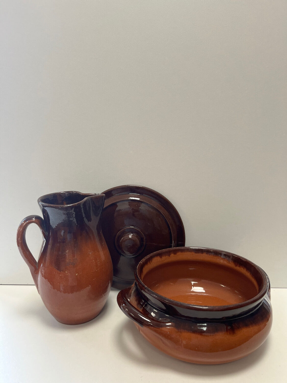 SALERNES enamelled terracotta pot and pitcher 1950