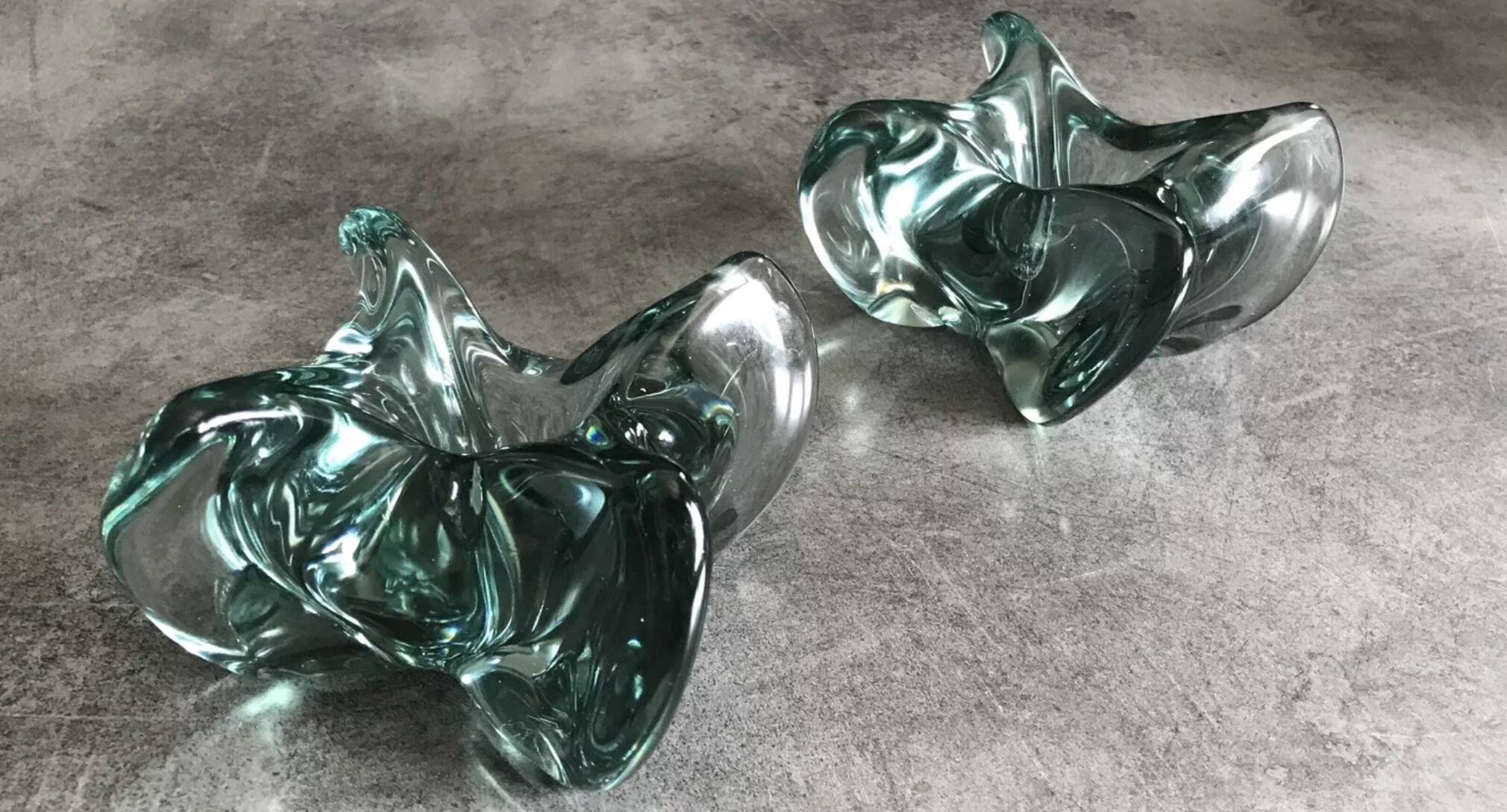 Pair of vintage blue/green tinted glass candlesticks from the 70s