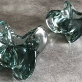 Pair of vintage blue/green tinted glass candlesticks from the 70s