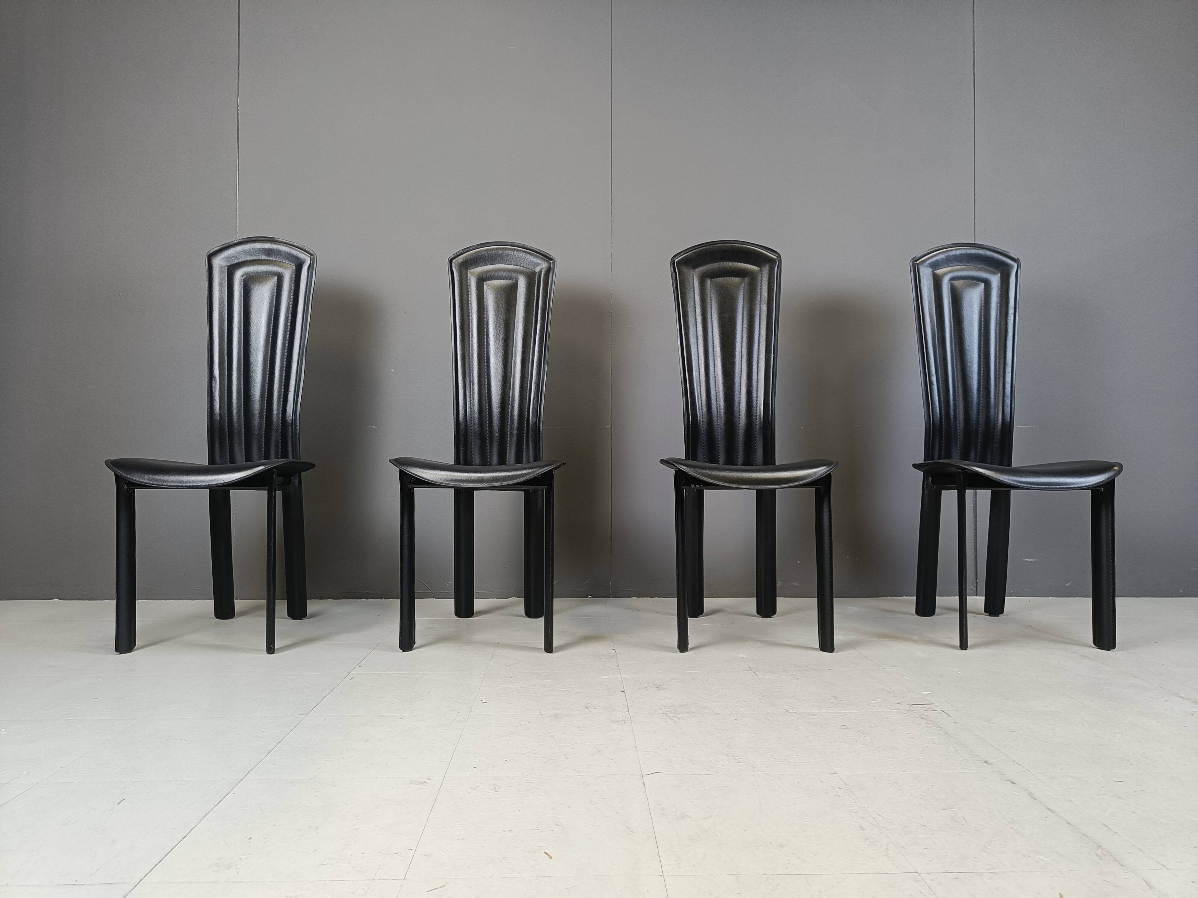 Vintage black leather dining chairs, set of 4, 1980s