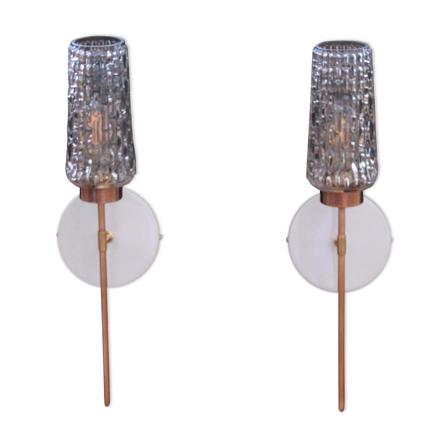 Paire d'appliques murales flambeau torche tulipe verre moulé transparent