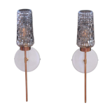 Paire d'appliques murales flambeau torche tulipe verre moulé transparent