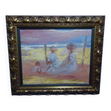 Peinture à l'huile impressionniste du XXe siècle représentant une scène de plage
