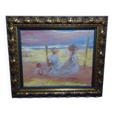 Peinture à l'huile impressionniste du XXe siècle représentant une scène de plage