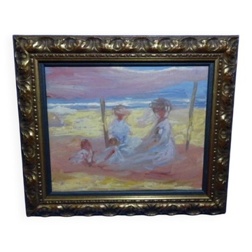 20th Century Impressionist Oil Painting of Beach Scene