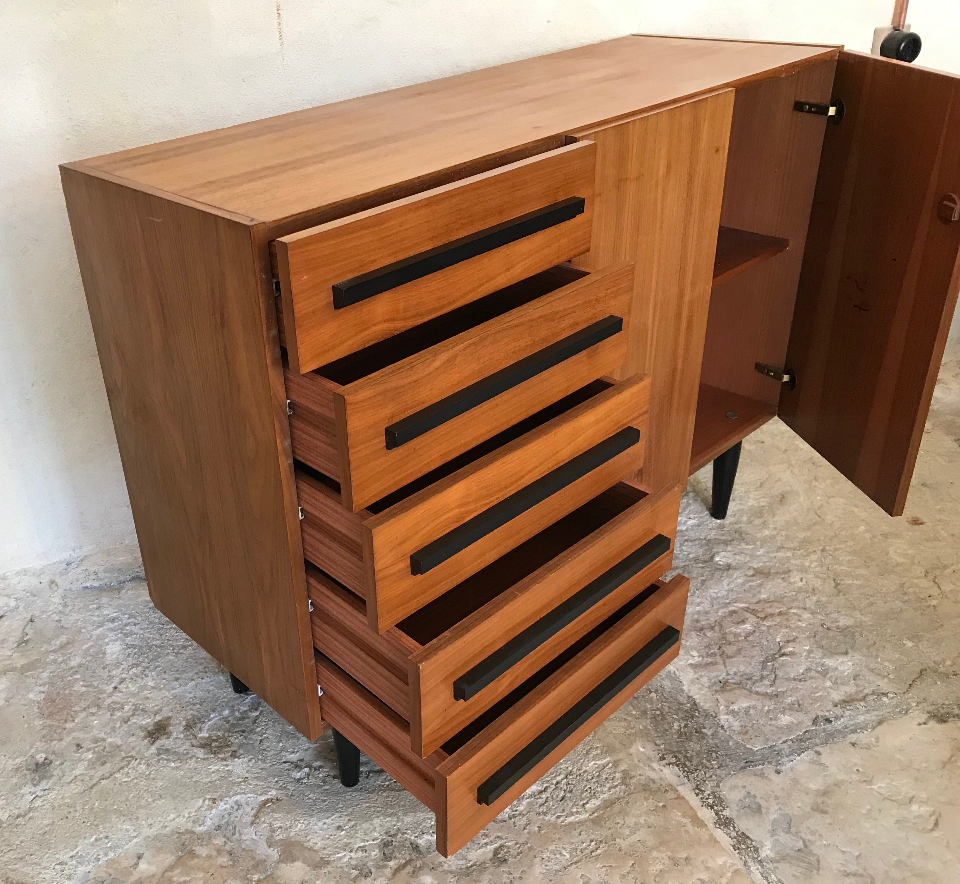 Vintage storage cabinet 1960's 5 drawers 2 doors