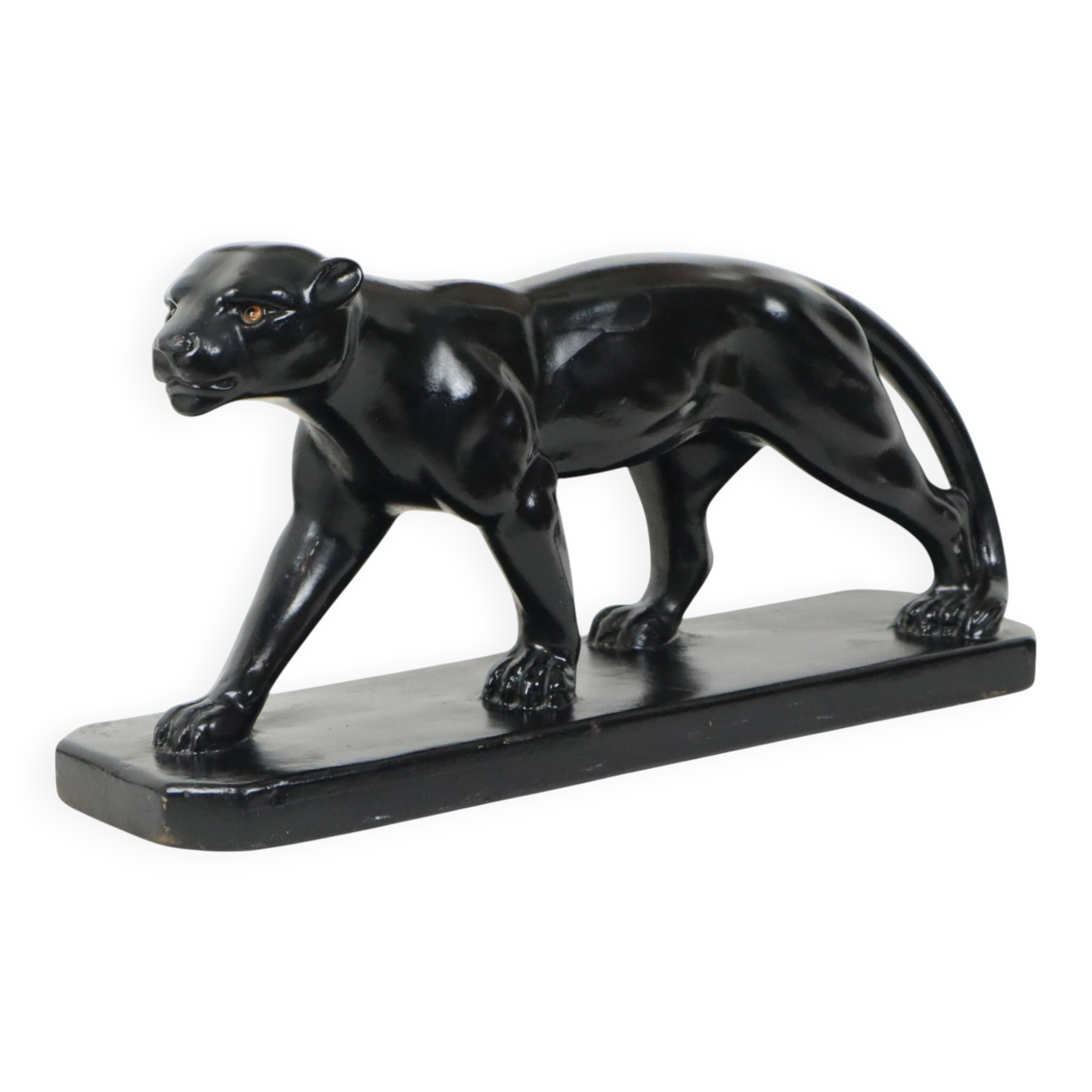 French Art Deco Style Panther Sculpture Black Lacquered Plaster 56cm