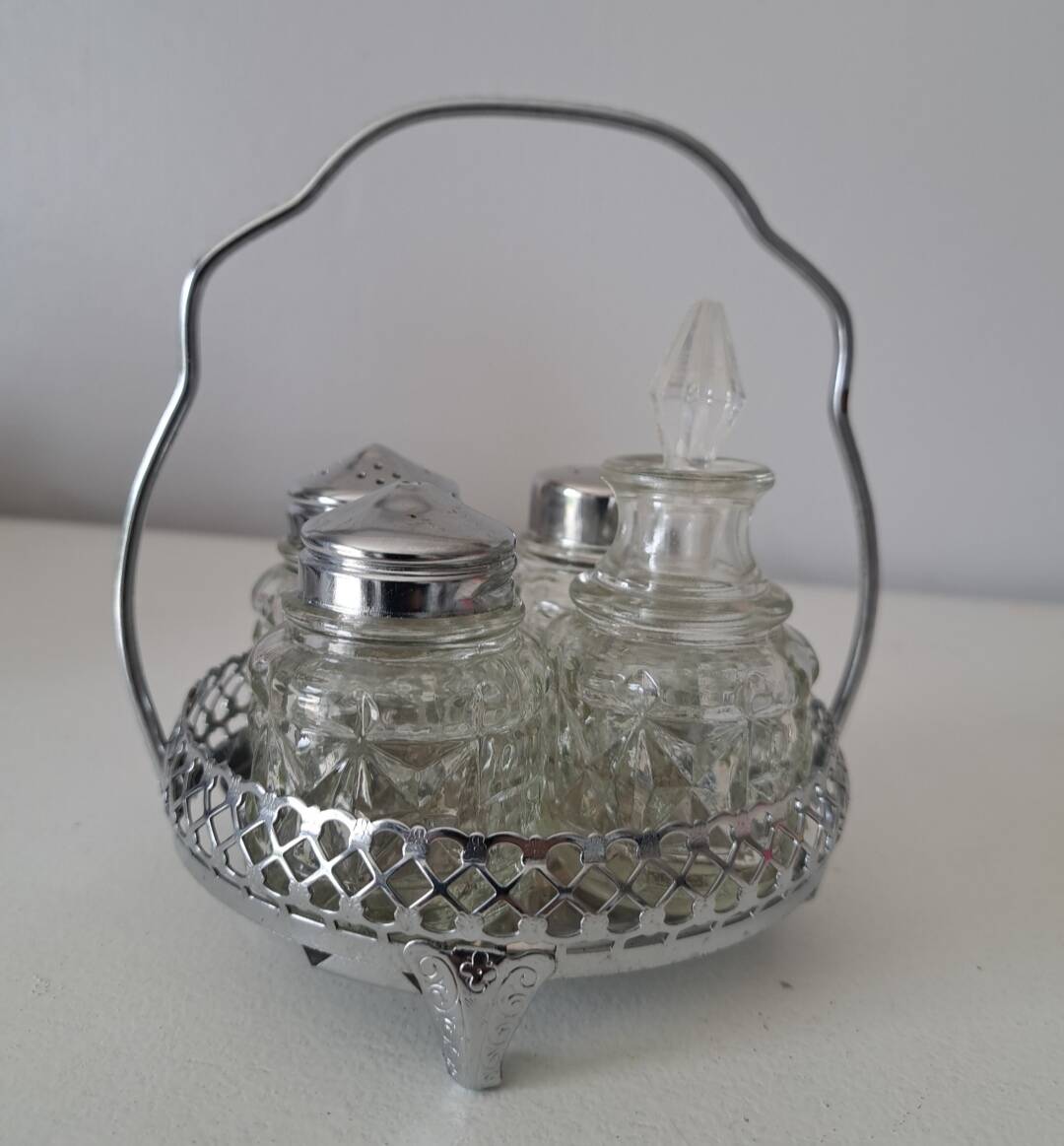 Service à condiments vintage en verre et métal