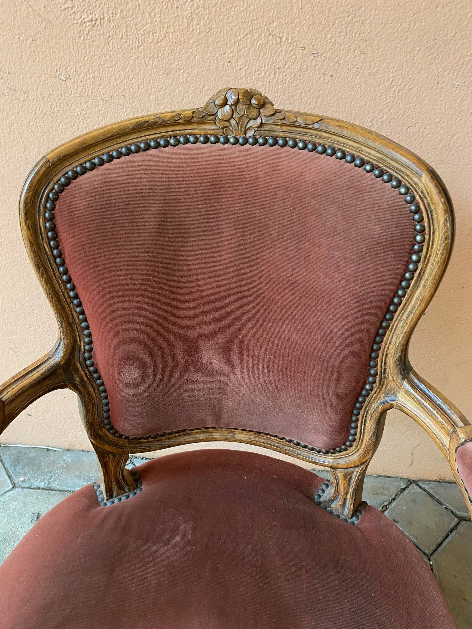 Pair of louis xv style bergeres armchairs with pink velvet armrests