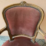 Pair of louis xv style bergeres armchairs with pink velvet armrests