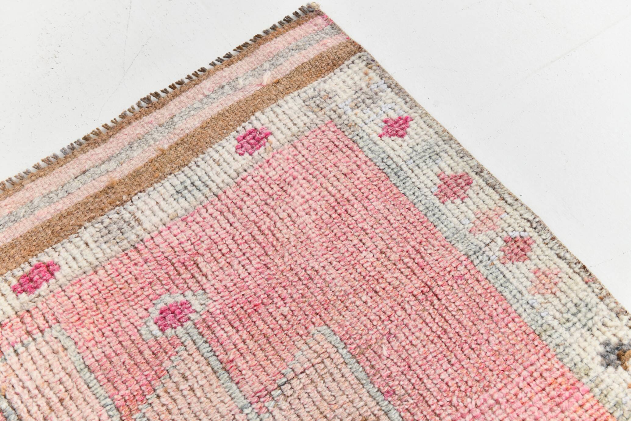 Light Pink & Brown Turkish Vintage Runner Rug, 94x328Cm