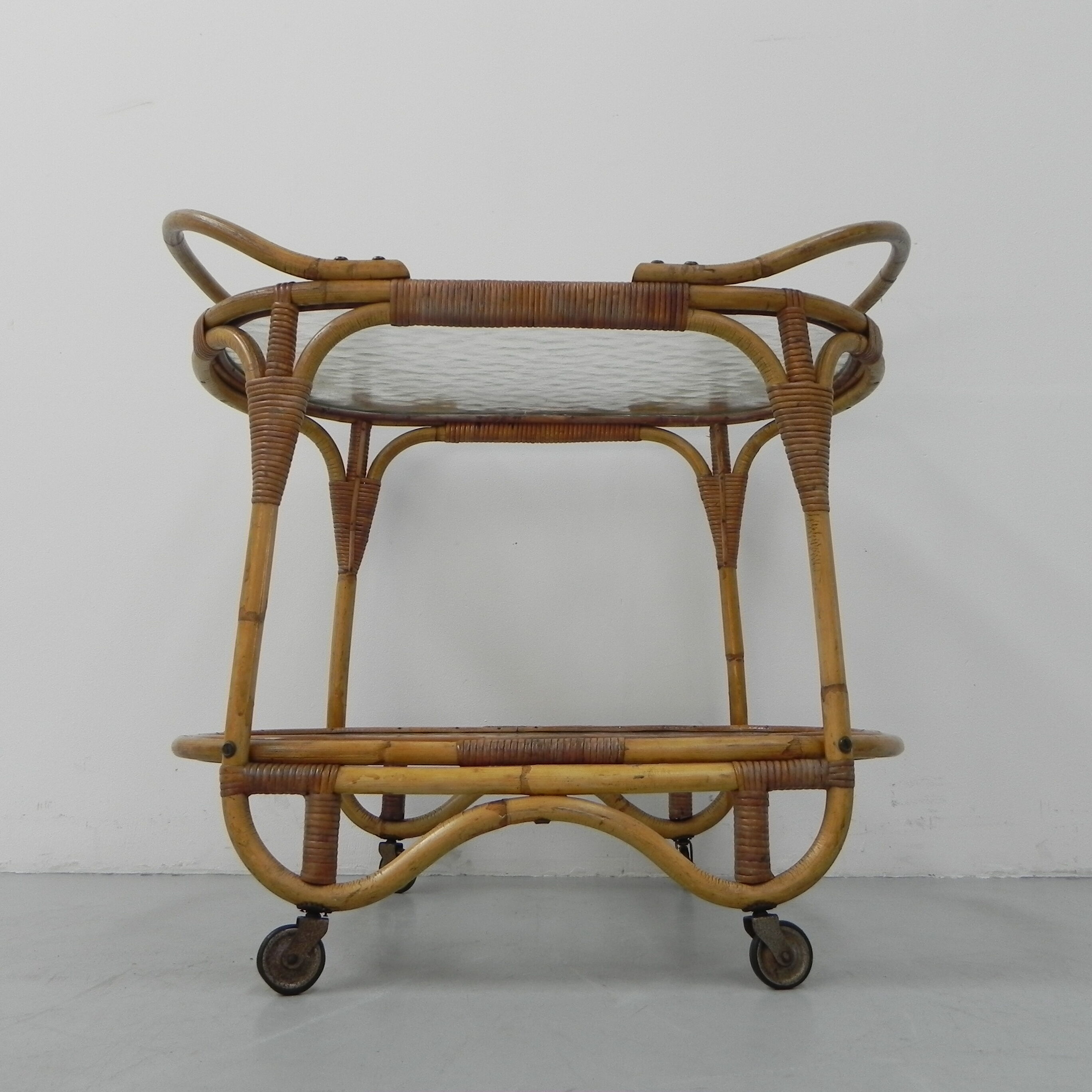 Bamboo, rattan serving trolley on castors
