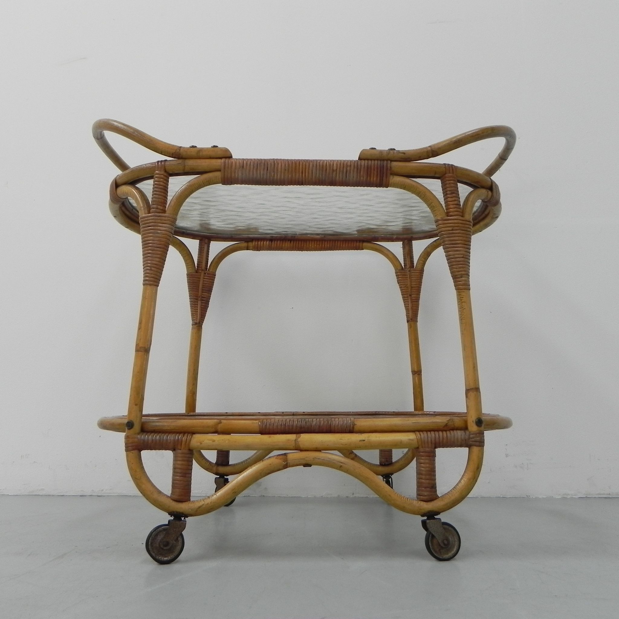 Bamboo, rattan serving trolley on castors