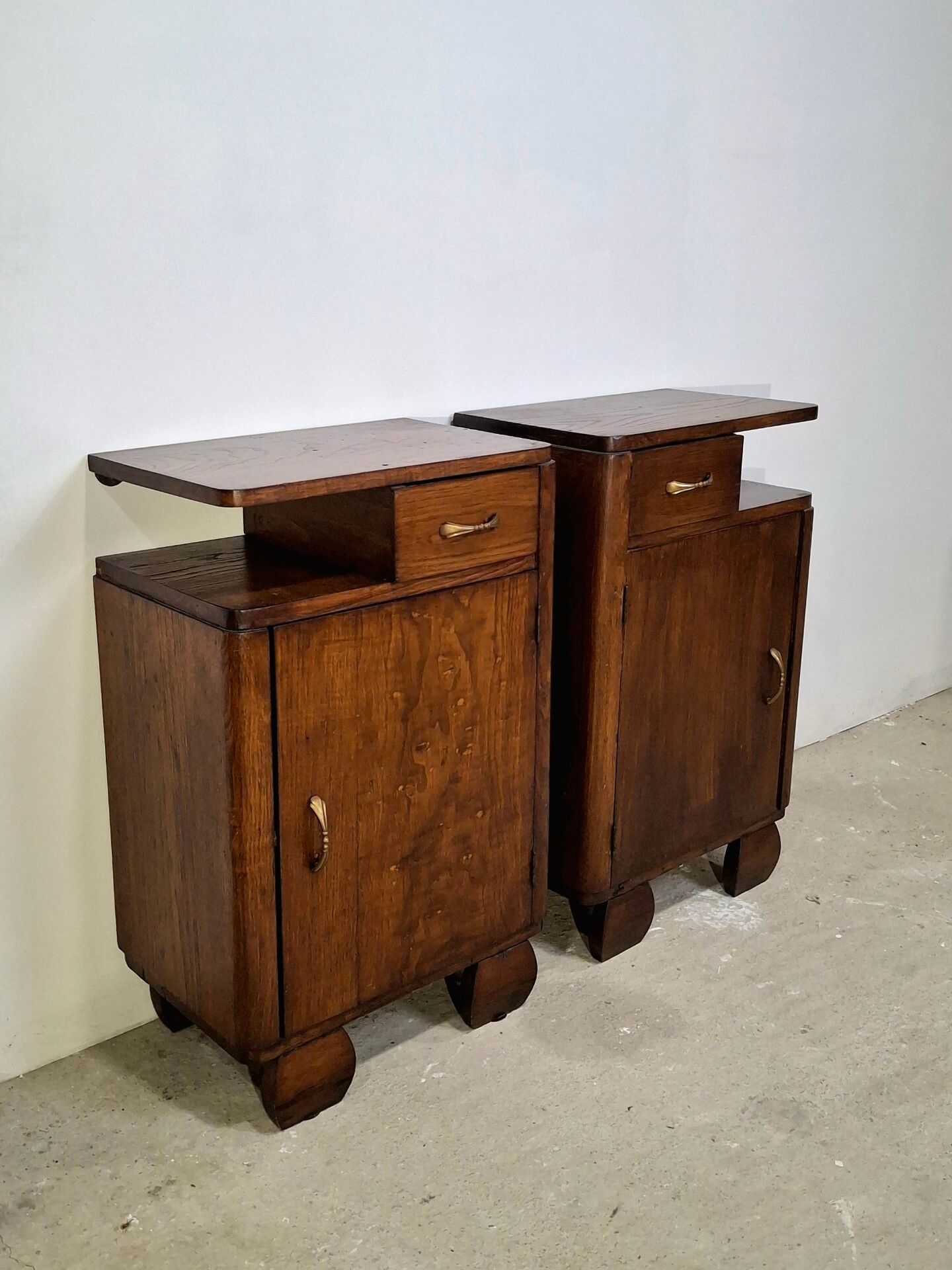 Vintage Art Deco Nightstands Pair Wooden Bedside Tables with Brass Har