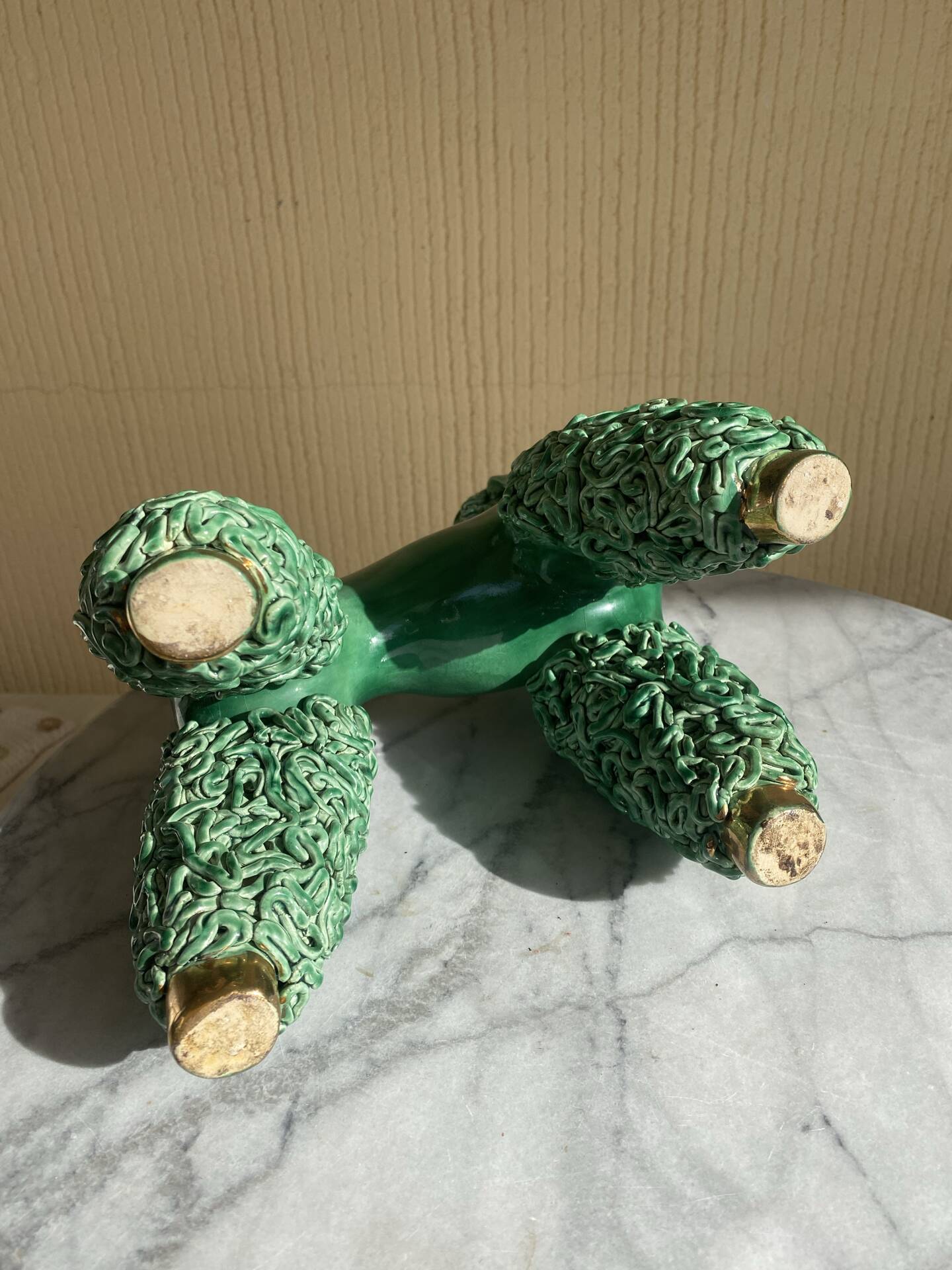 Large green glazed ceramic spaghetti poodle from the 60s.