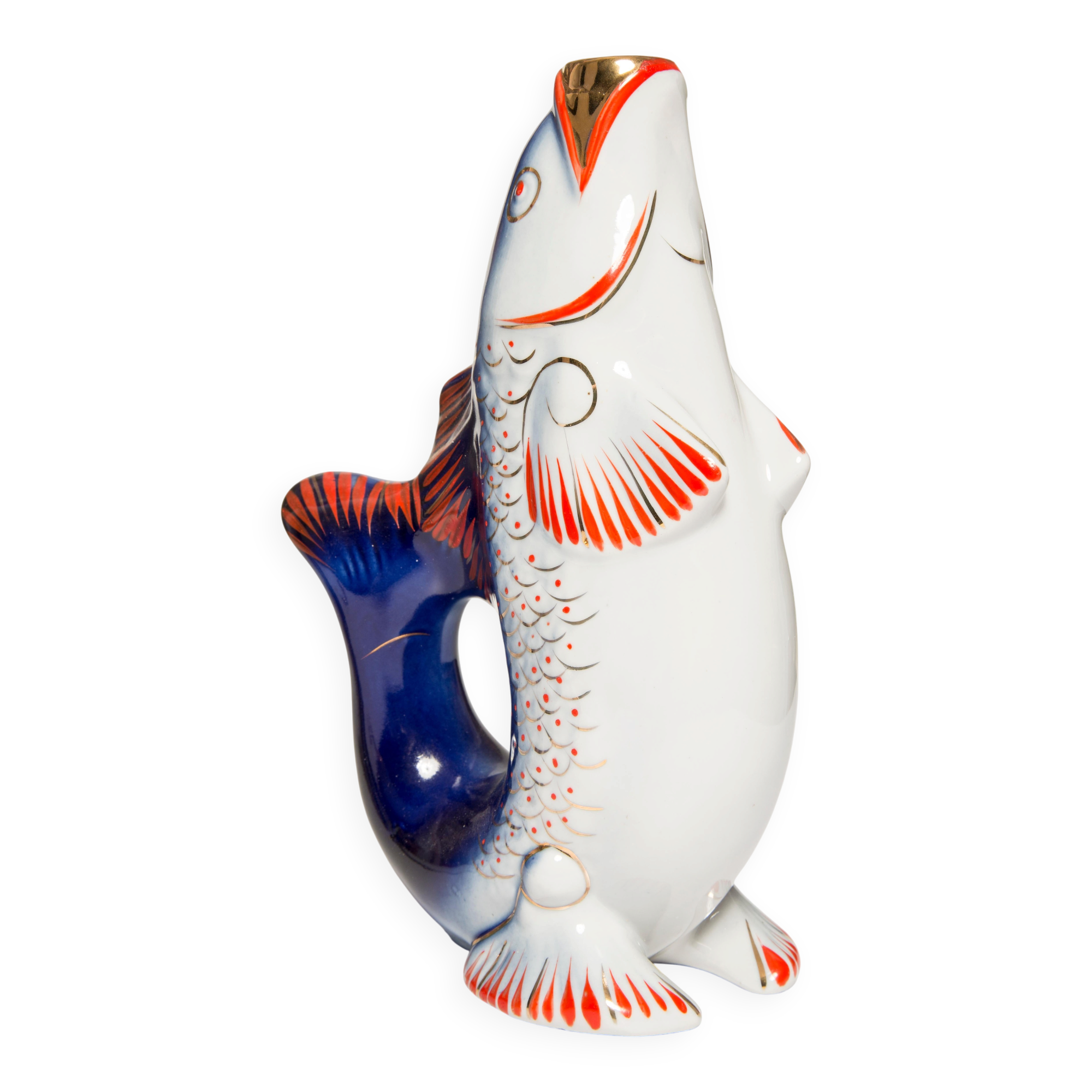 Set of 7 glasses and a glass carafe decorated with blue fish, Mid-Century Modern style, Europe, 1960s.
