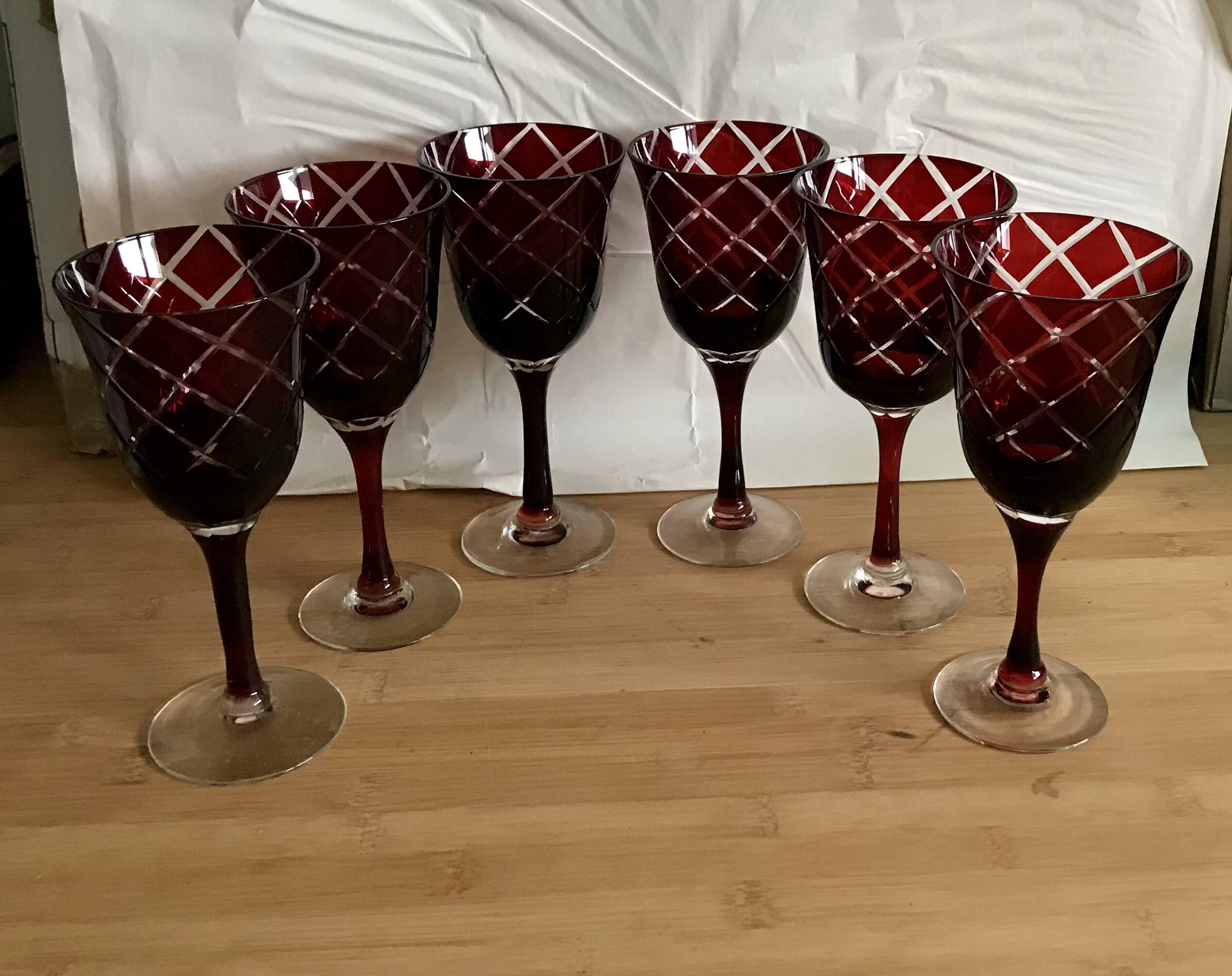 6 red italian cut glass wine glasses