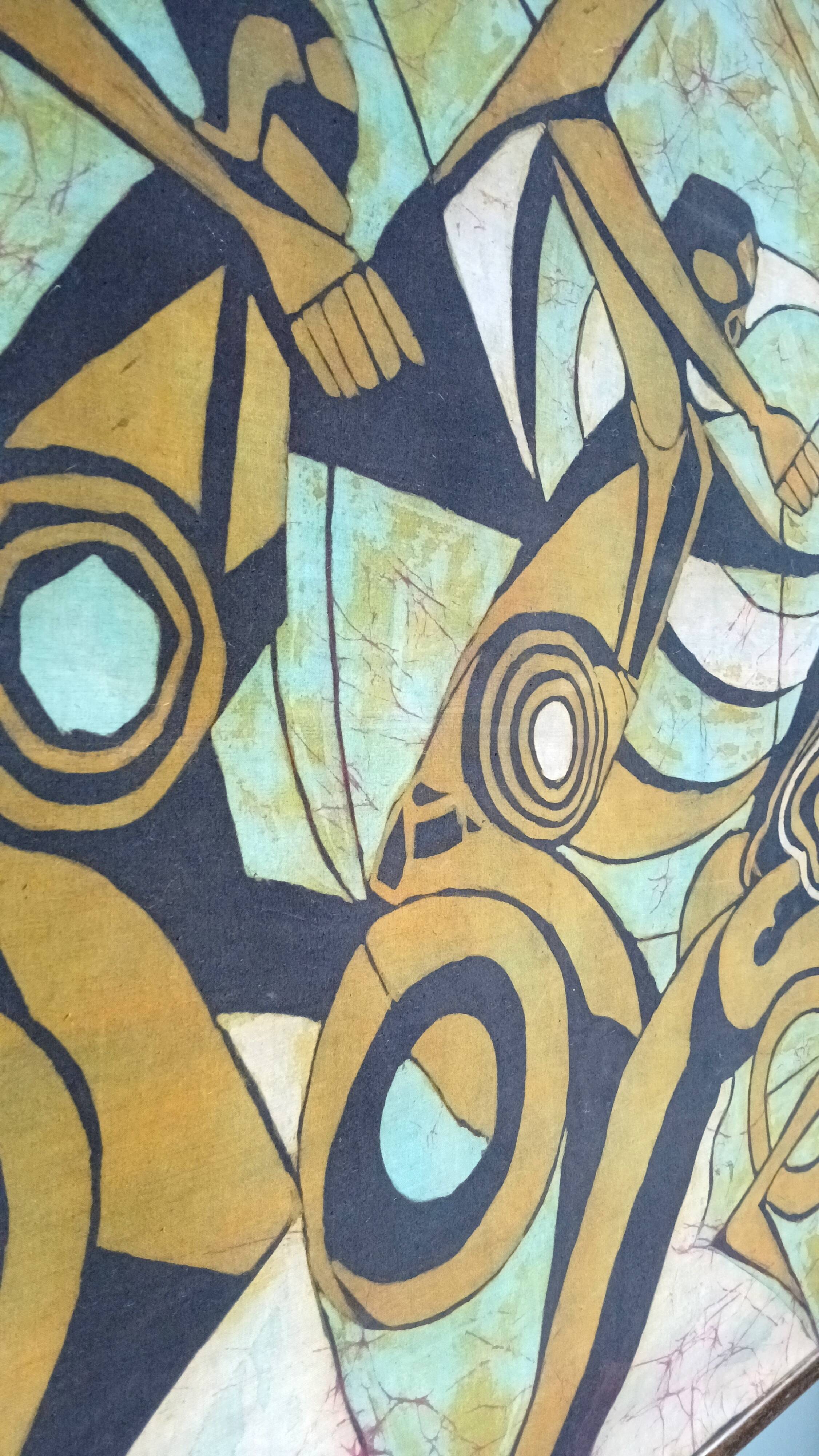 Neo-Cubist painting signed, ink on fabric, framed 1993