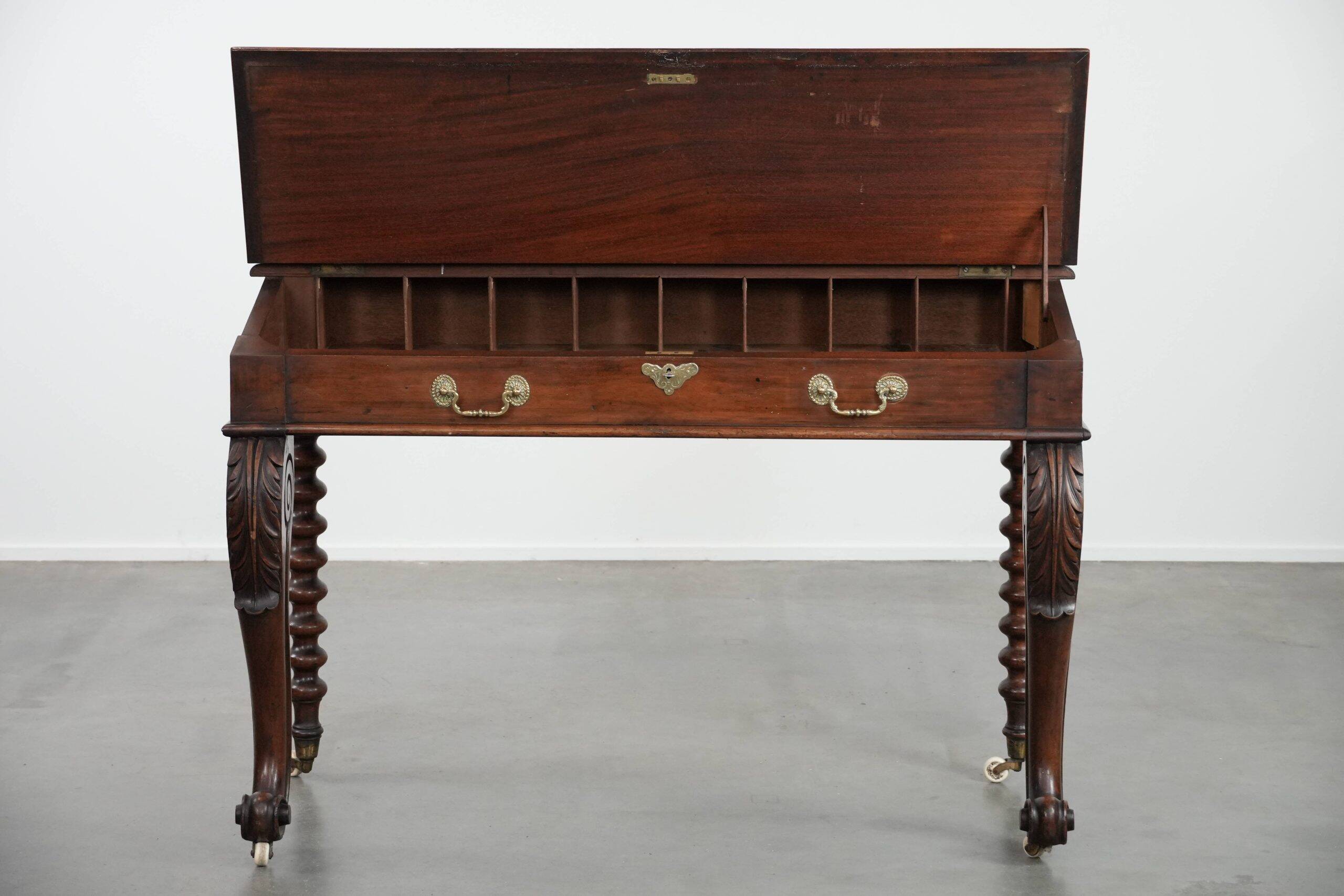 19th century English antique oak wall desk/writing table on wheels
