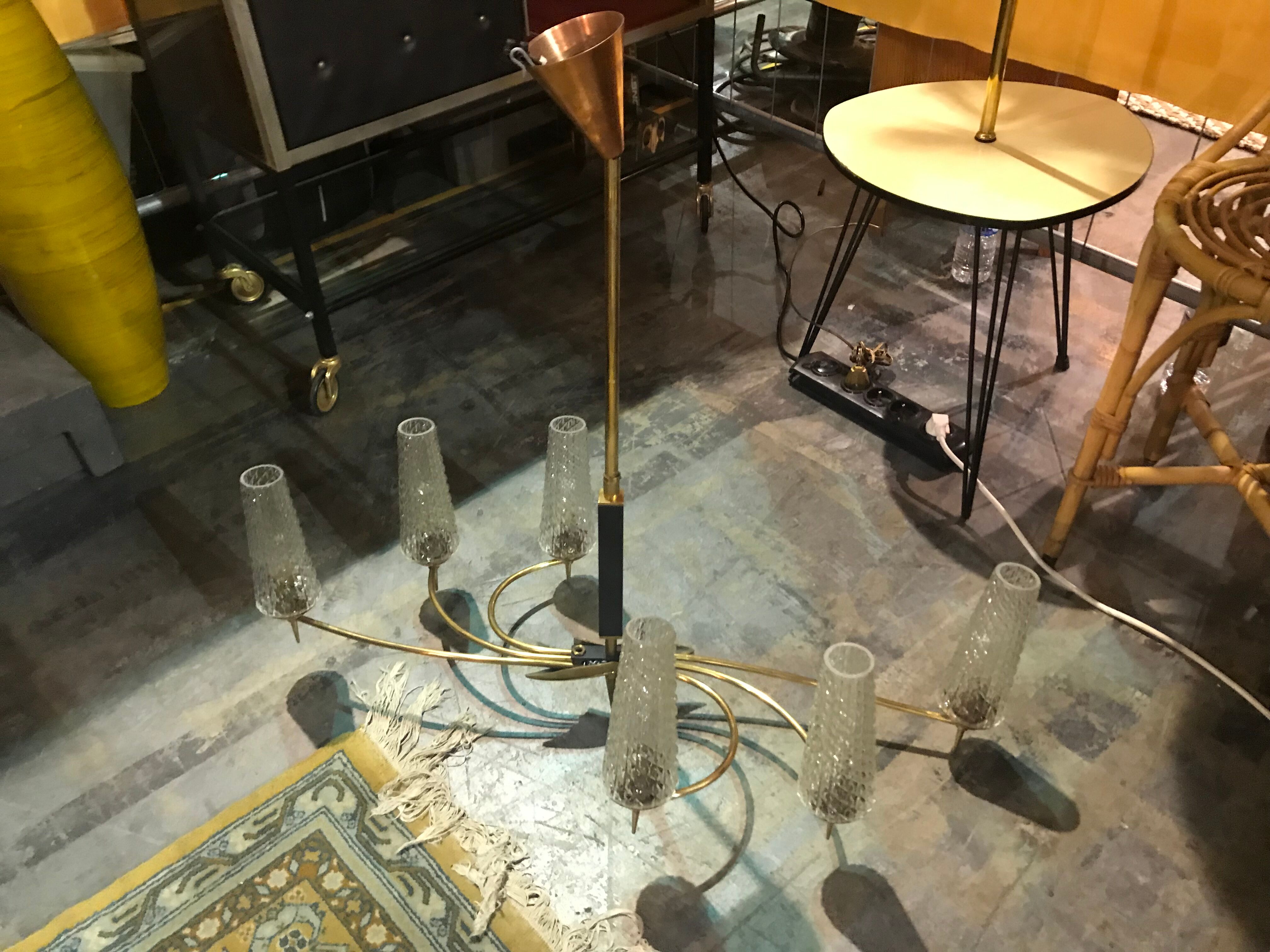 Vintage chandelier in glass and brass 1970