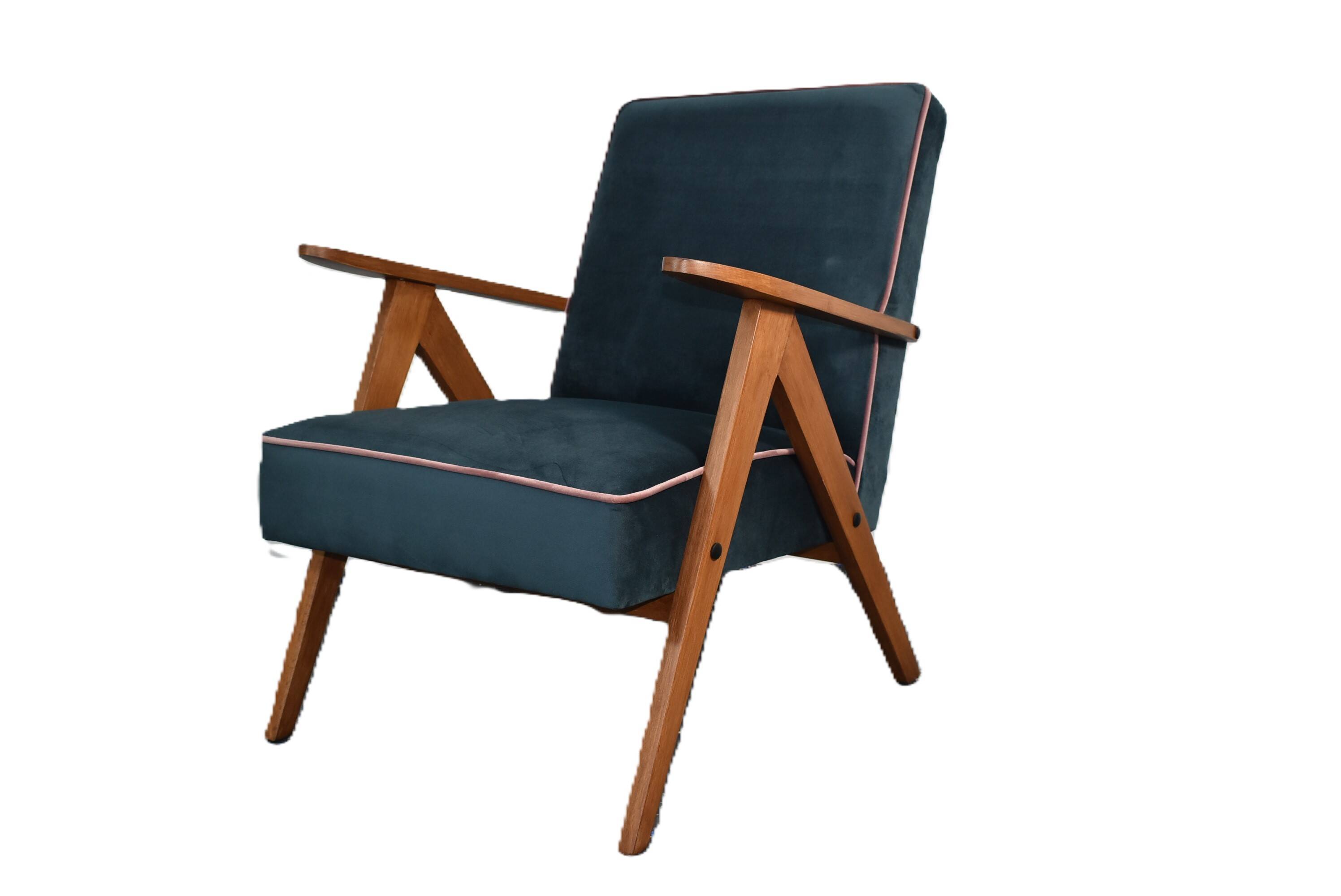 Chaise compas restaurée, tissu jaune canari, fil rose, teck, 1960