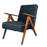 Chaise compas restaurée, tissu jaune canari, fil rose, teck, 1960