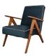 Chaise compas restaurée, tissu jaune canari, fil rose, teck, 1960