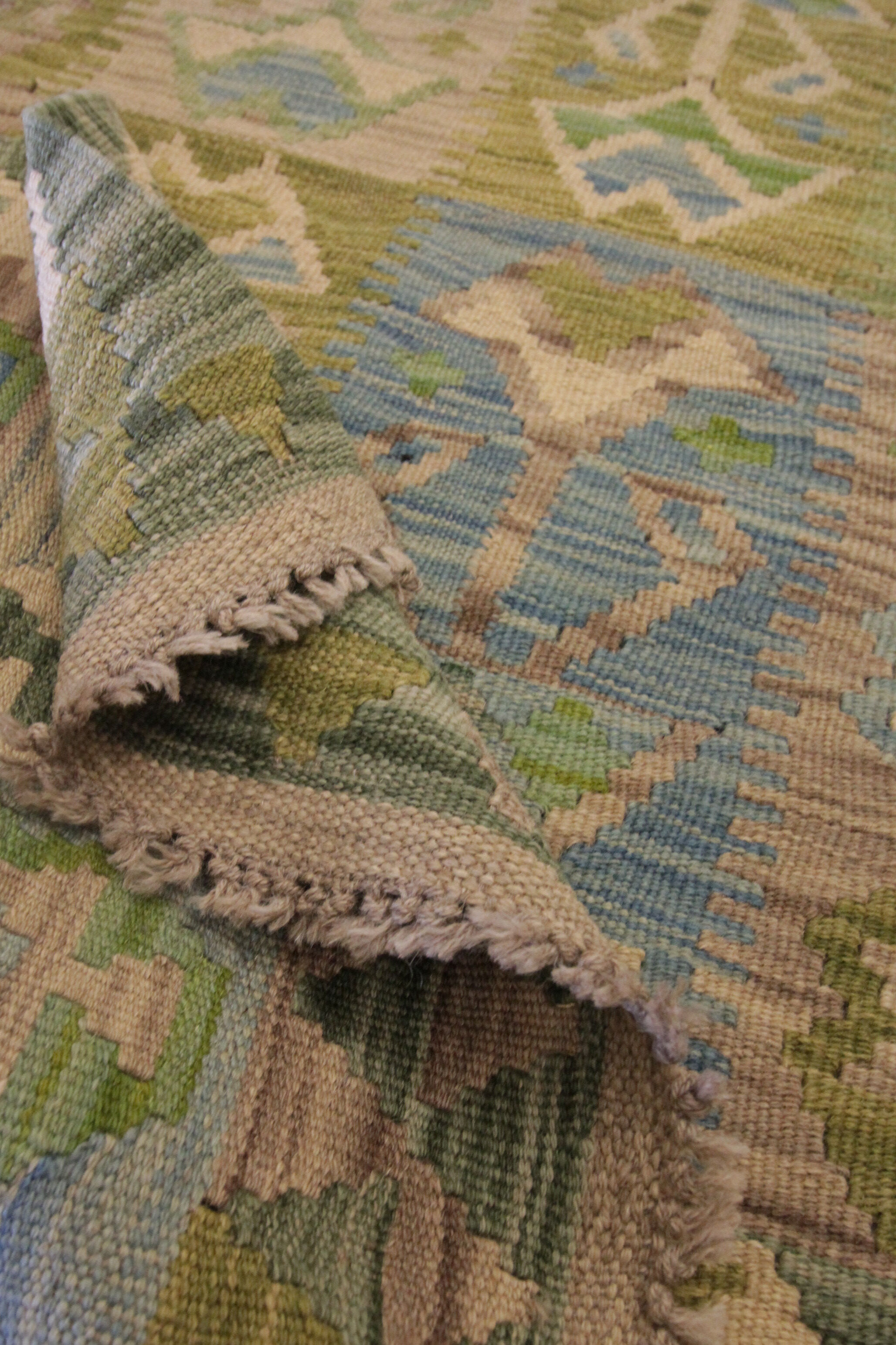Laine verte Afghan Kilim Traditionnel Géométrique Tissé à plat Tapis fait à la main - 80x120cm