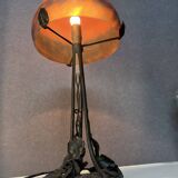 Contemporary mushroom lamp, wrought iron base and orange glass shell with blue hues in the art deco style
