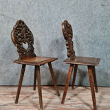 Set of chairs called Sgabello Renaissance style in solid walnut around 1850