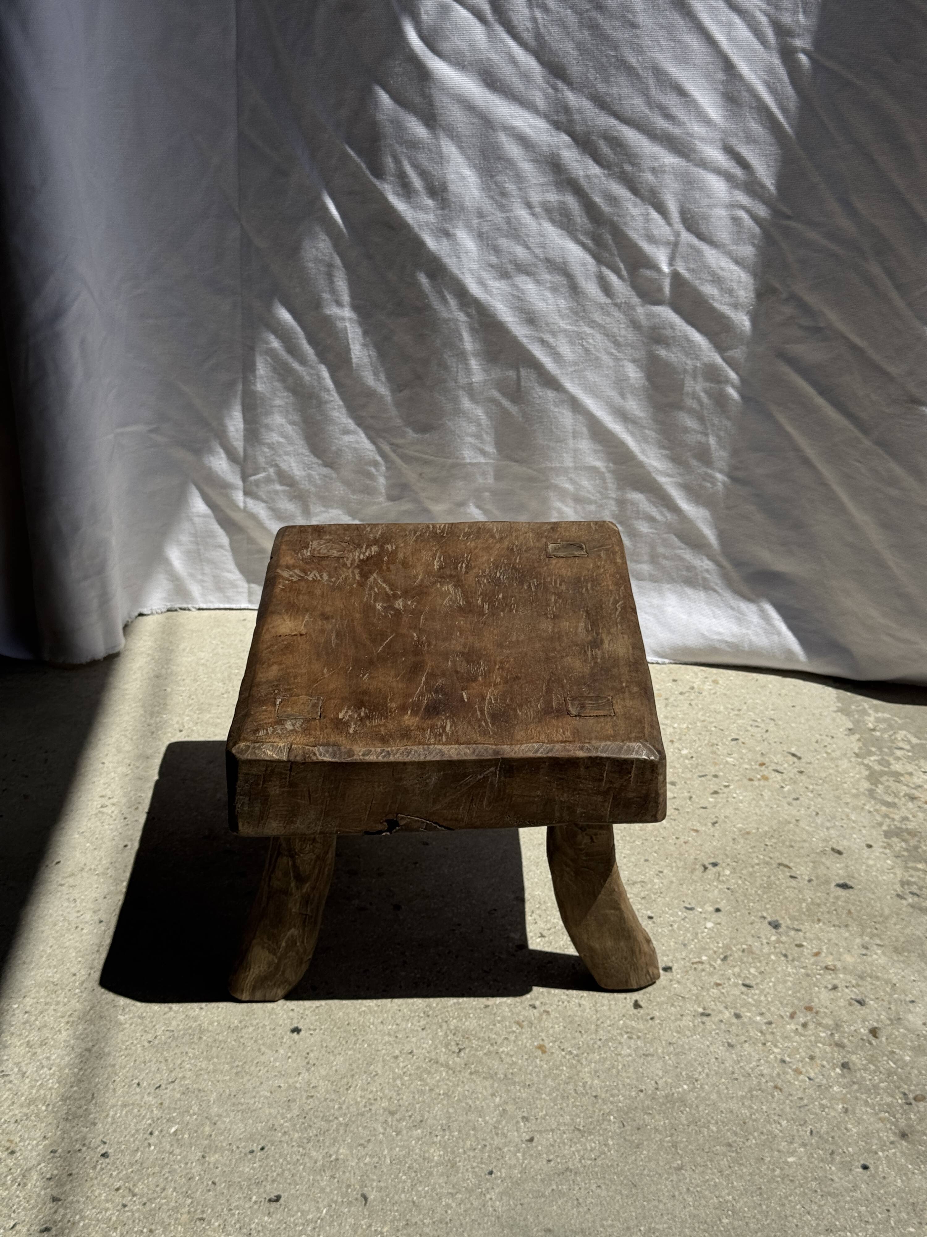 Small stool, rectangular accent stool in solid teak wabi-sabi H26