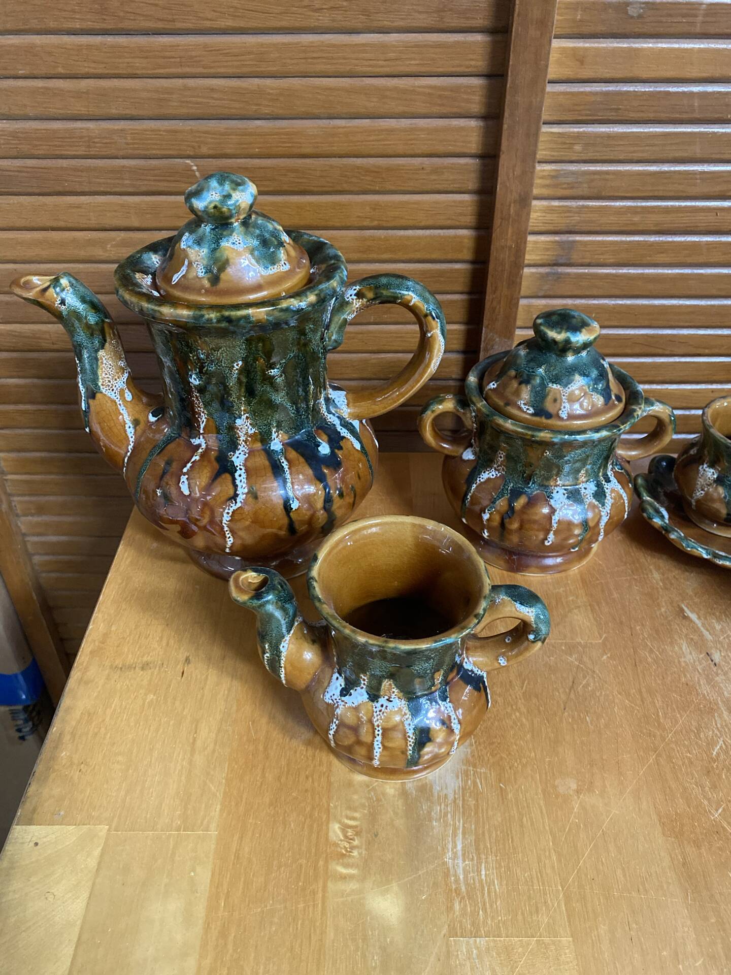 Vintage French café service set, 27 pieces, old pottery from Maine.