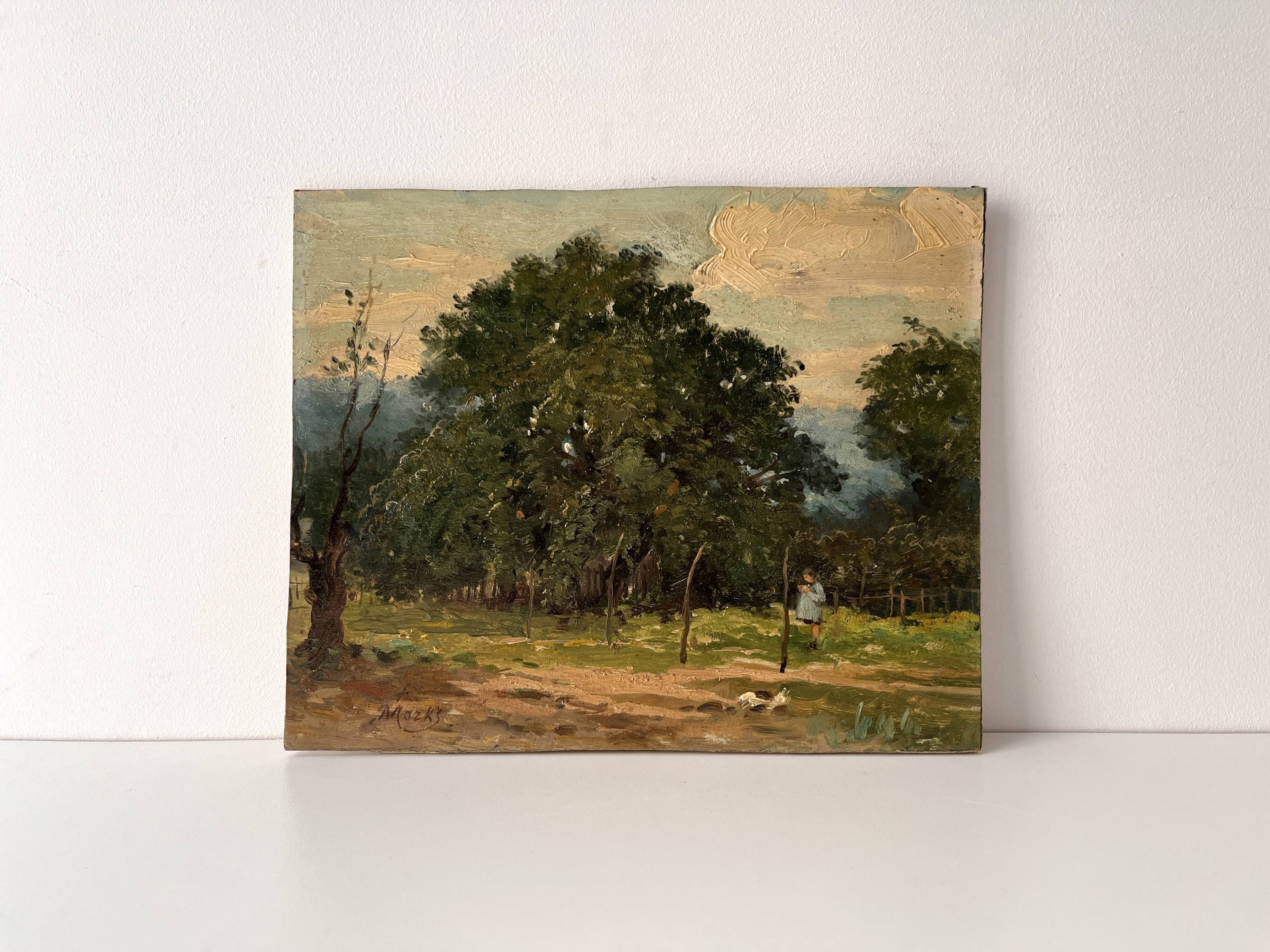 Oil painting of a countryside landscape circa 1920, rural scene signed.