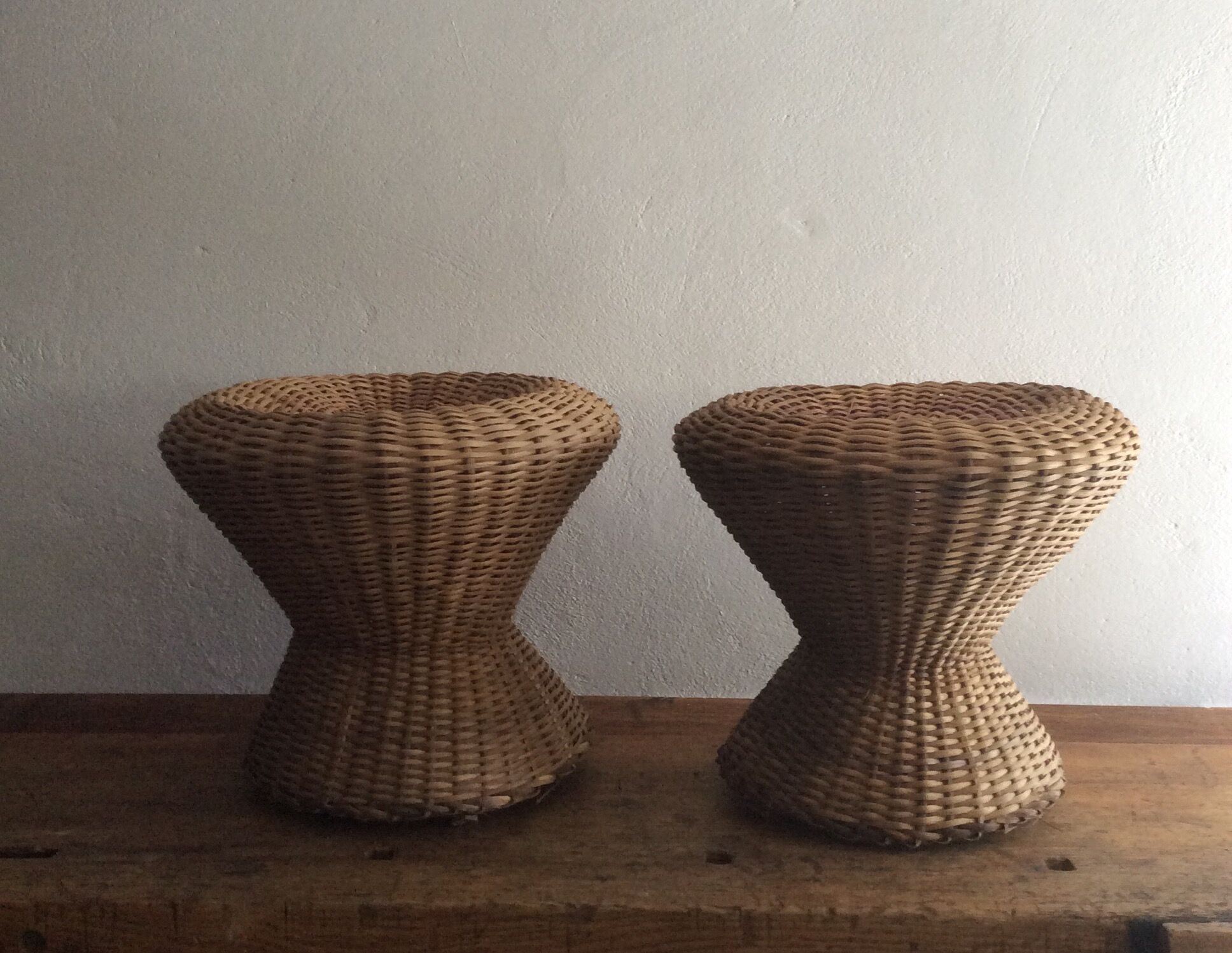 Set of two stools, poufs, braided natural fibers