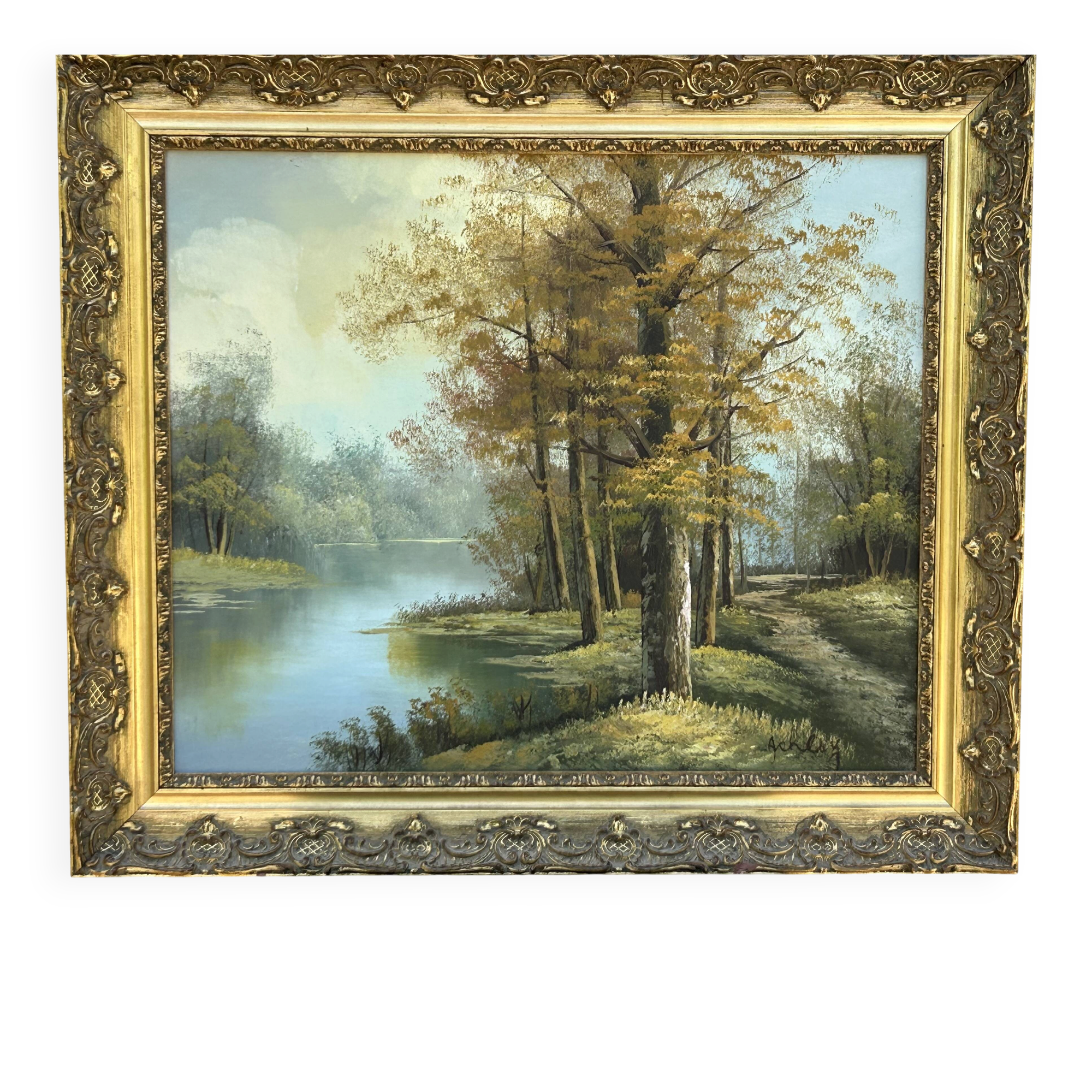 Oil on canvas, lakeside landscape, signature to be identified.