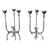 Pair of art deco stainless steel 3-flame candlesticks, Spain, 1970