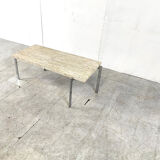 Table basse vintage en travertin et chrome, années 1970