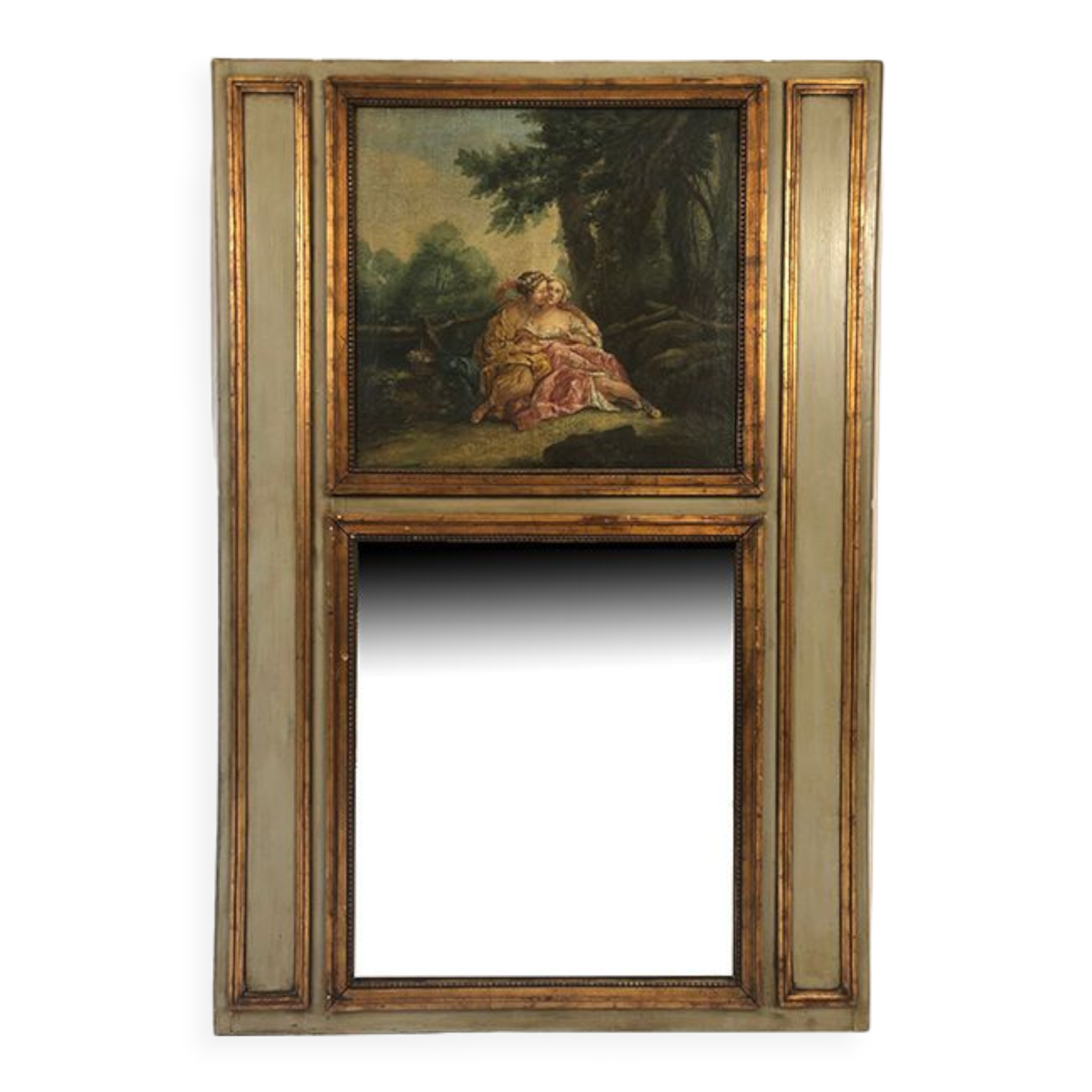 Trumeau in green lacquered wood, gold rechampi Louis XVI style, Nineteenth