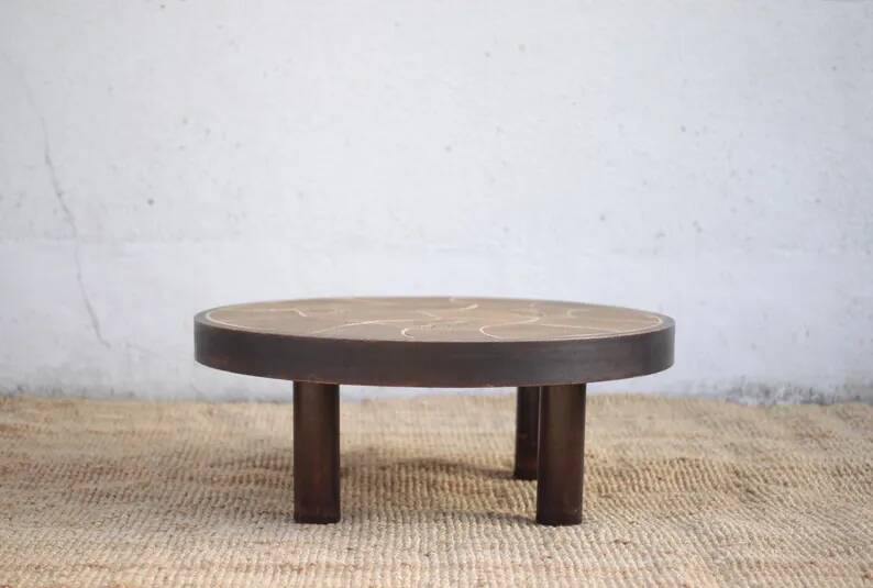 Coffee table signed Barrois, wood and stoneware table with plant decoration, France, interior decor.