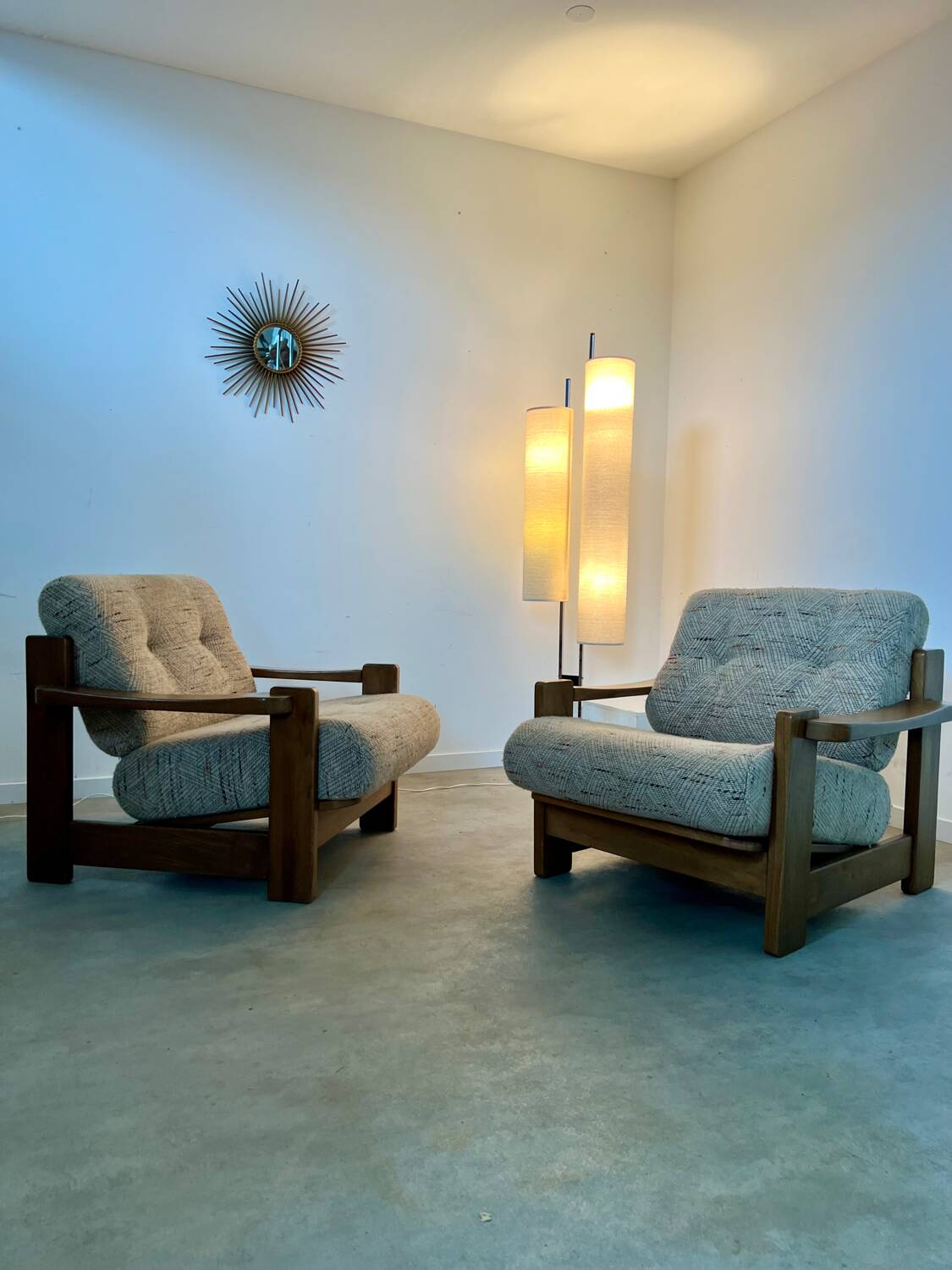 Lot of 2 solid elm armchairs, Maison Regain design, 70s vintage
