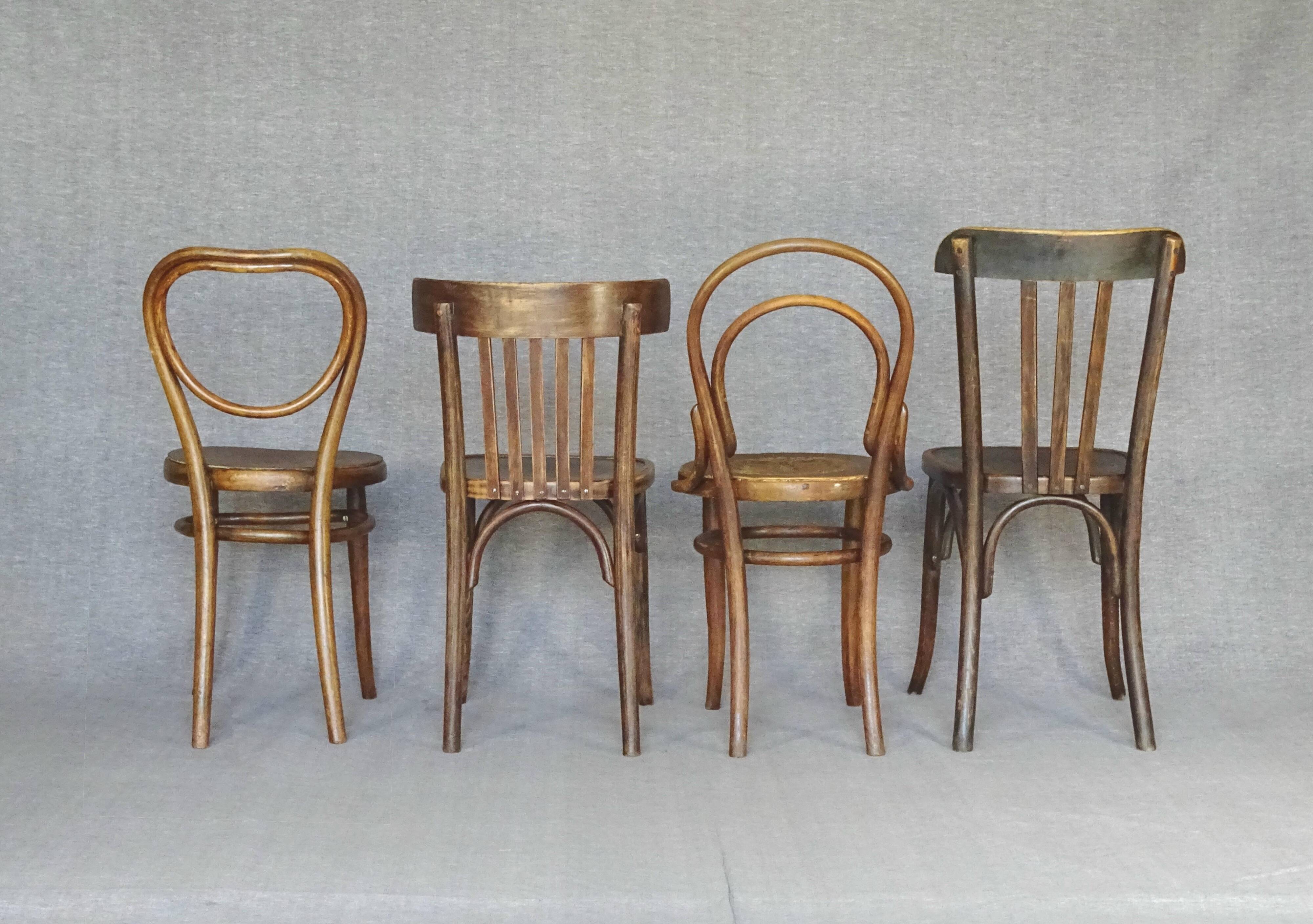 Set of 4 mismatched bistro chairs, from 1910 to 1935