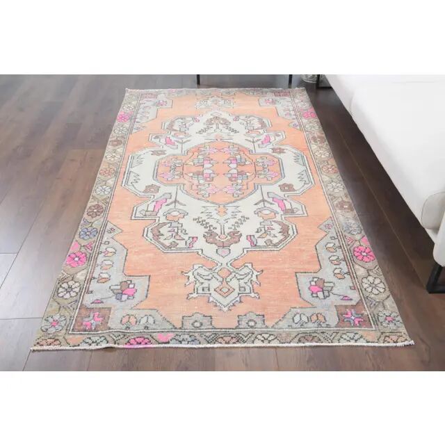 1970s Turkish Oushak Handmade Wool Cotton Orange Area Rug 121x220